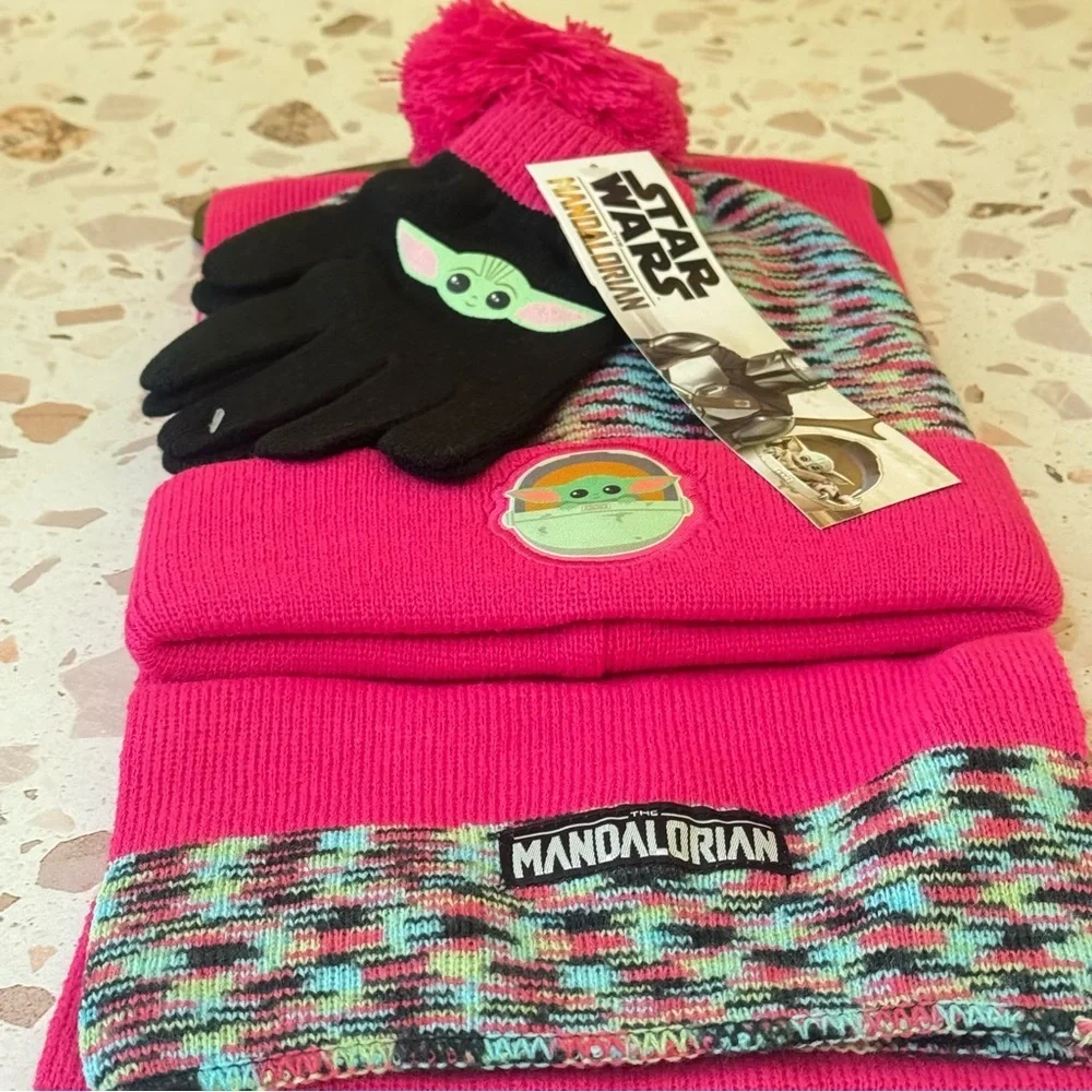 Star Wars Set New Girls The Mandalorian Grogu Baby‎ Yoda Hat Scarf Mittens Pink